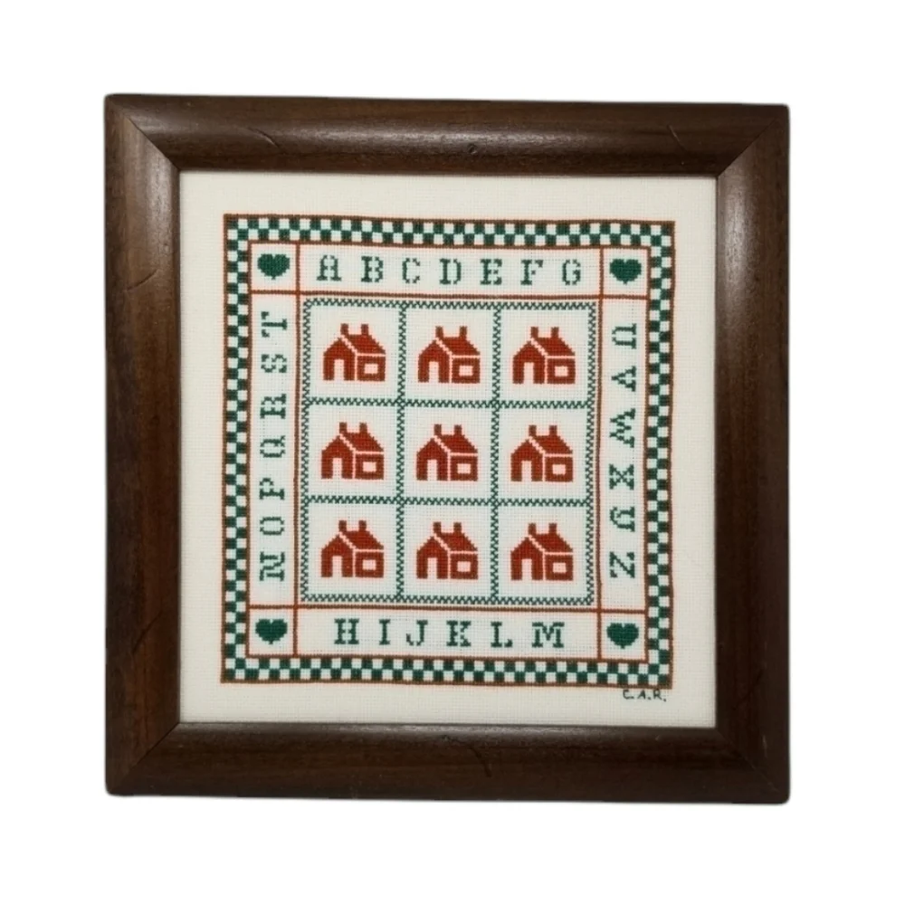 Framed Handmade Cross Stitch Wall Hanging Houses Alphabet Signed Checks Complete